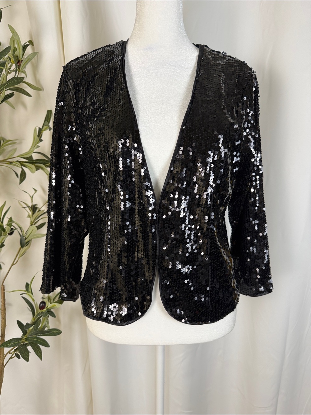 NWT Allegra K Black Sequin Open-Front Blazer Cardigan Sz L (O1)